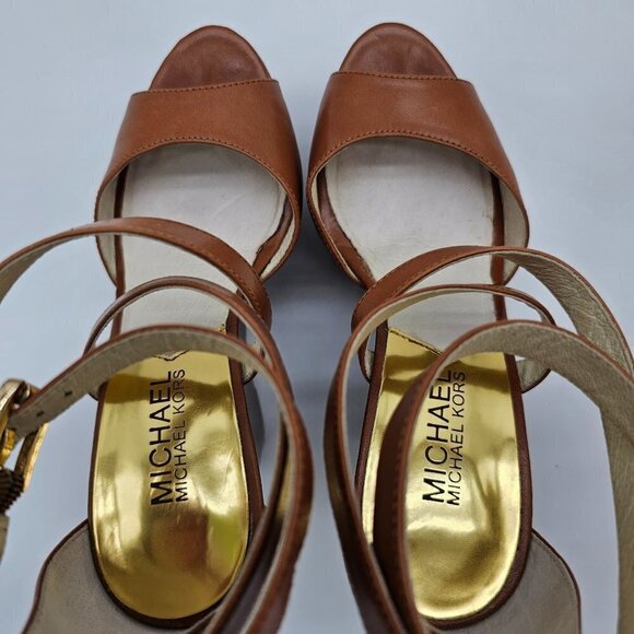 Michael Kors Gabriella Leather Wedge Sandals, Tan brown, Size 5.5 - Picture 12 of 13